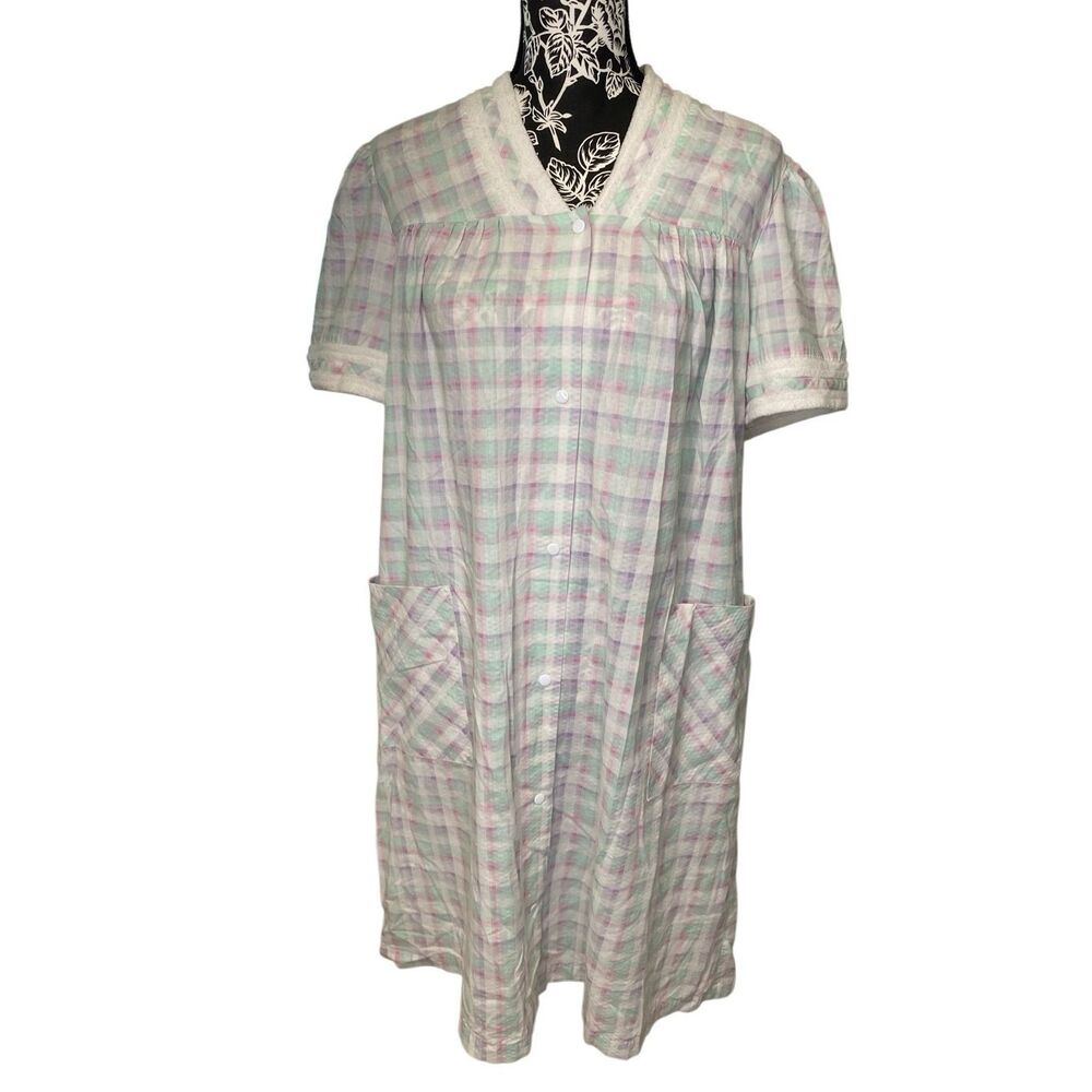 White Stag Plaid Snap Front Sleep Shirt Nightgown Pastel Women Small Pajamas
